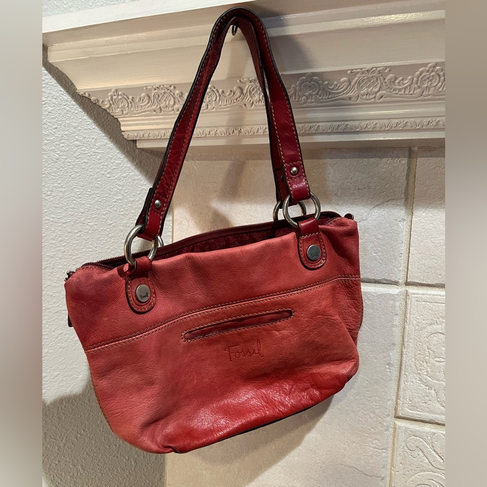 Ladies rust red leather FOSSIL slouch purse handbag